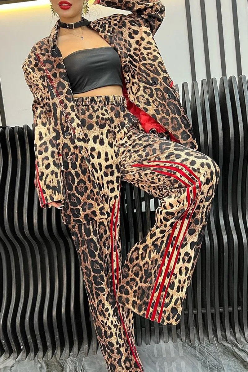 Women's Leopard Print Zip-up Jacket Leopard Print Pant Suit